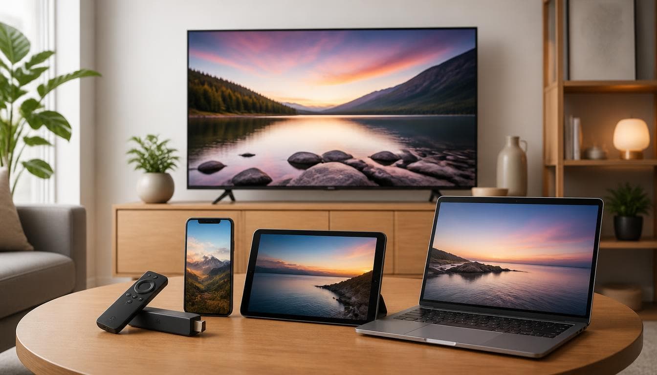 Television, streaming stick, smartphone, tablet and laptop together in a living room
