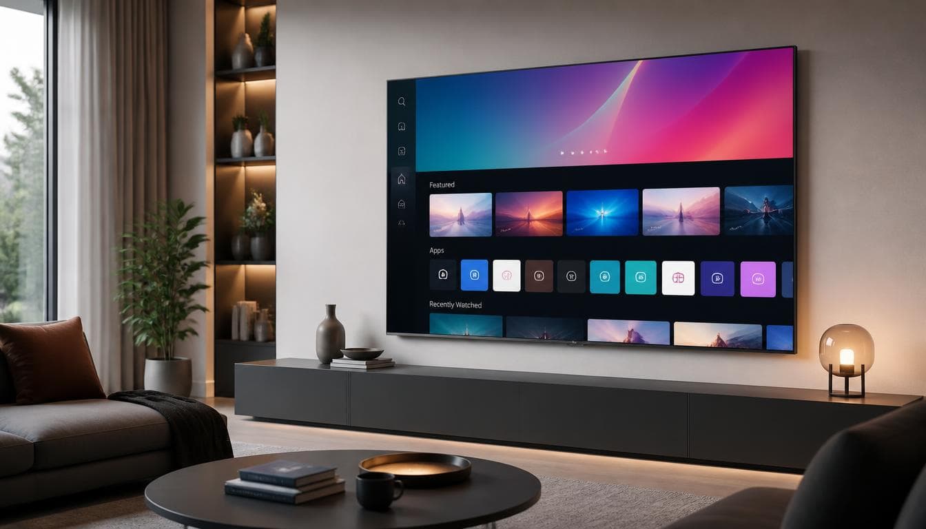 Frameless smart TV showing a home screen with rows of apps in a living room