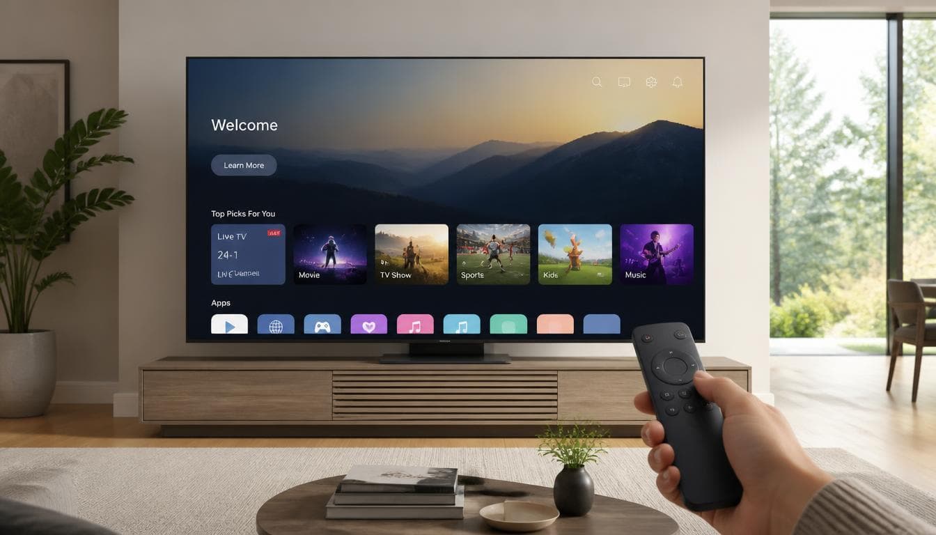 Hand holding a remote in front of a smart TV home screen with app rows