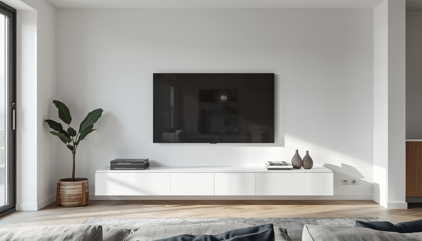 Slim smart TV mounted on a bright living-room wall above a white media unit