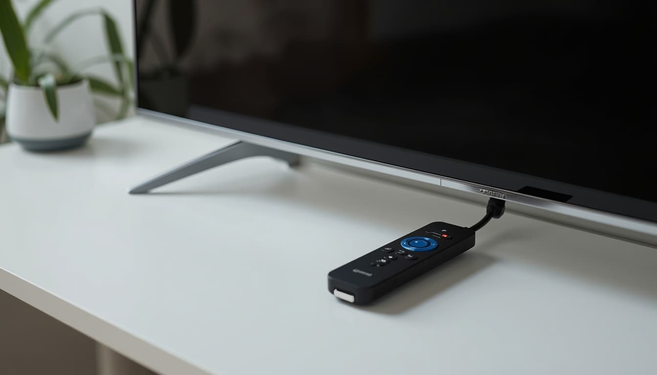 Compact streaming stick plugged into the HDMI port of a television