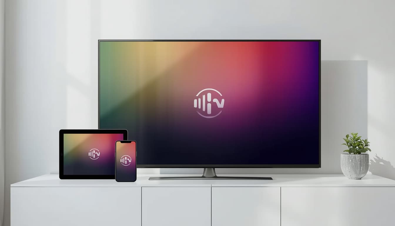 Television, tablet and smartphone showing the same app screen on a white media unit