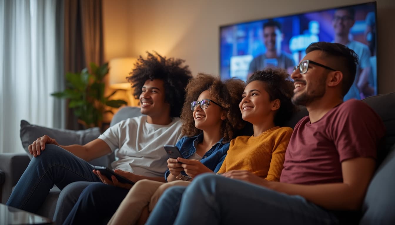 Family relaxing together on a sofa while watching TV at home