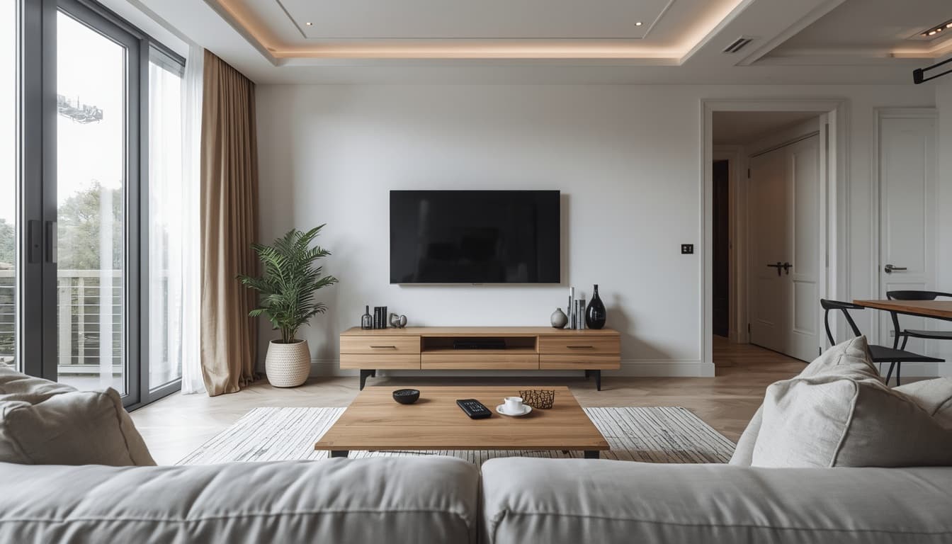 Bright, modern UK living room with a wall-mounted TV above a wooden media unit