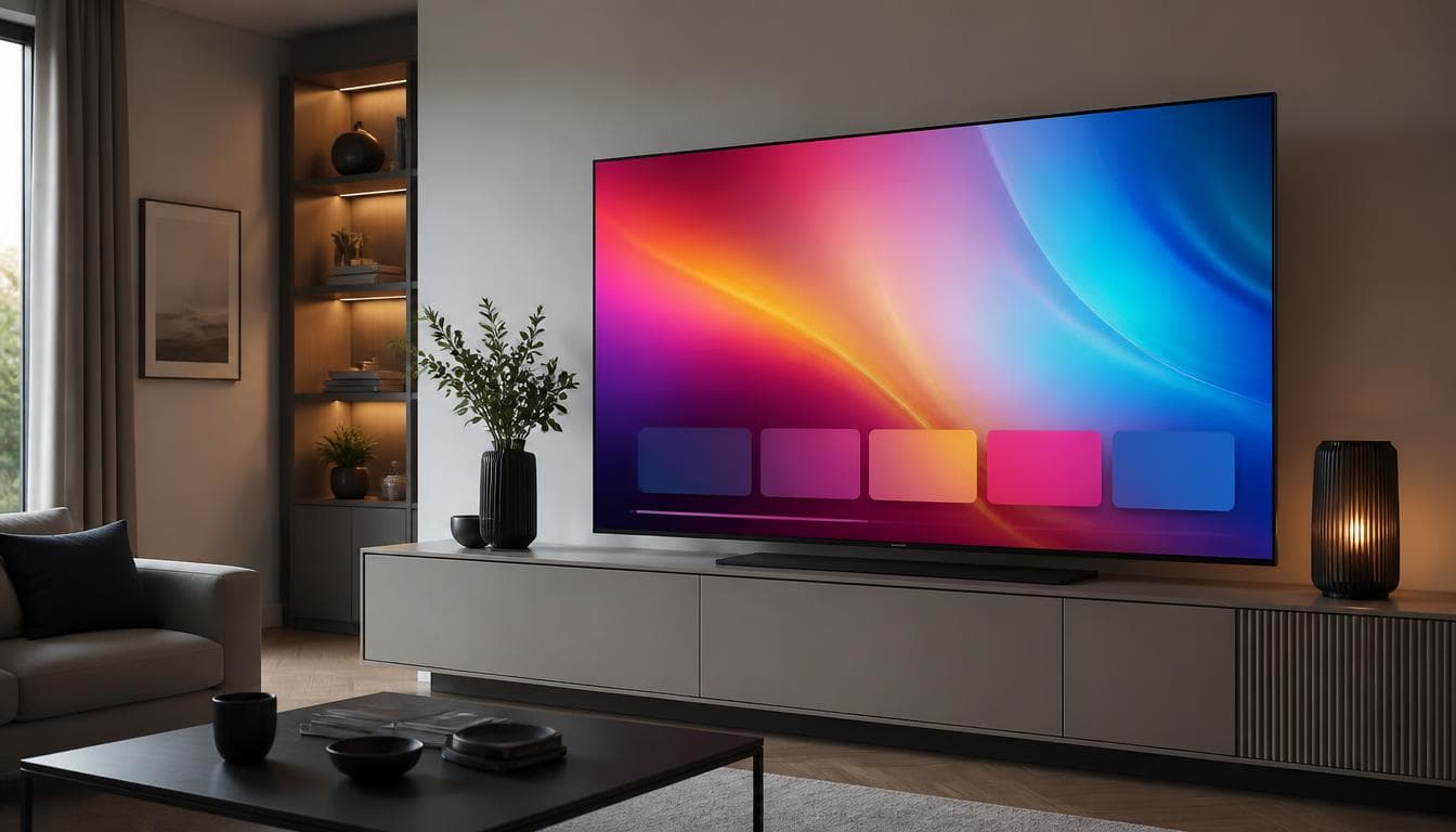 Large flat-screen smart TV on a media unit in a living room