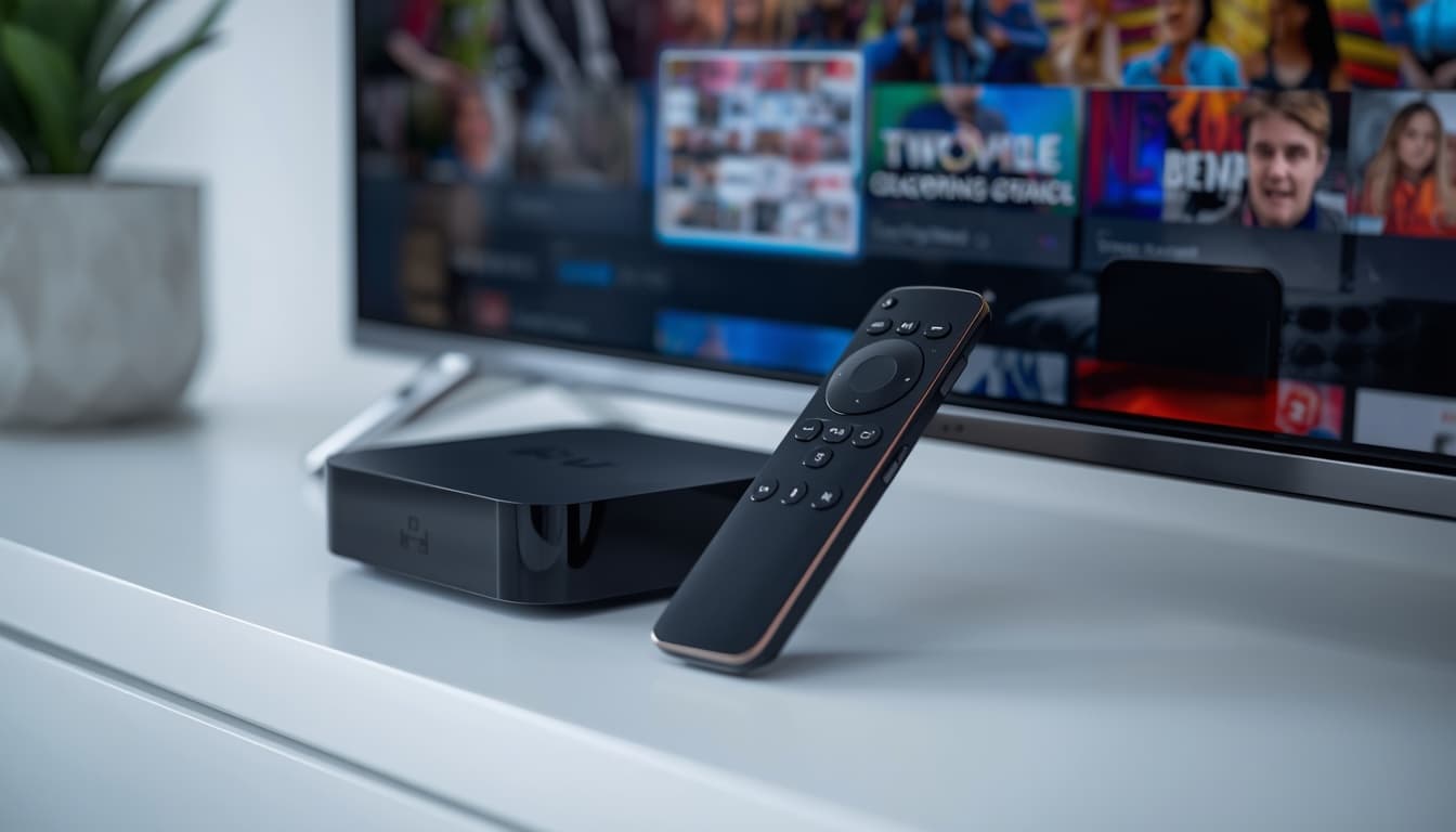 Streaming box and remote control in front of a television
