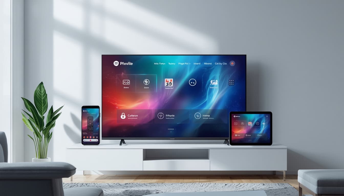 Television, smartphone and tablet side by side in a bright room